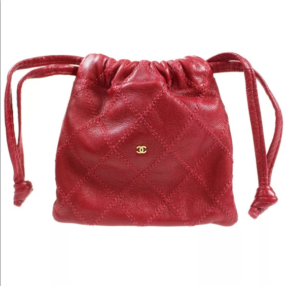 CHANEL Handbags - Authentic CHANEL Red Lambskin Drawstring Pouch